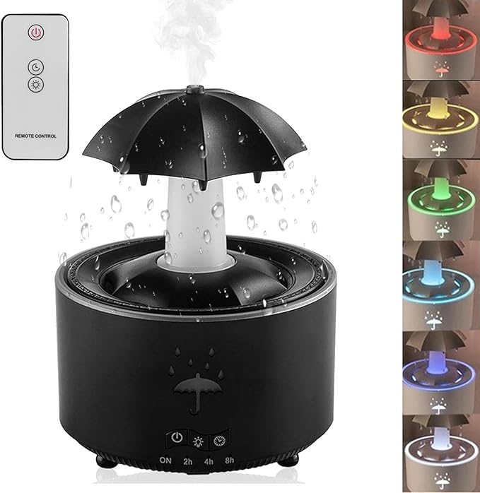 Umbrella Humidifier, Rain Umbrella Humidifier, 7 Color LED Rotating Aroma Diffuser, Water Drip Humidifier with Remote Waterfall, Umbrella Rain Drop Humidifier for Bedroom & Large Room