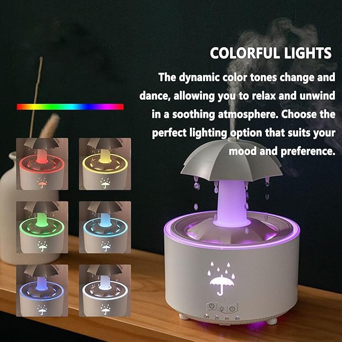 Umbrella Humidifier, Rain Umbrella Humidifier, 7 Color LED Rotating Aroma Diffuser, Water Drip Humidifier with Remote Waterfall, Umbrella Rain Drop Humidifier for Bedroom & Large Room