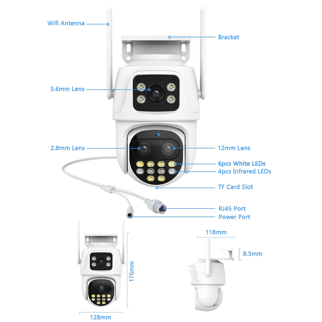 9MP WIFI IP Camera Three Lens Dual Screen With 8X Zoom 6MP PTZ Camera Ai Auto Tracking Security Video Surveillance Camera