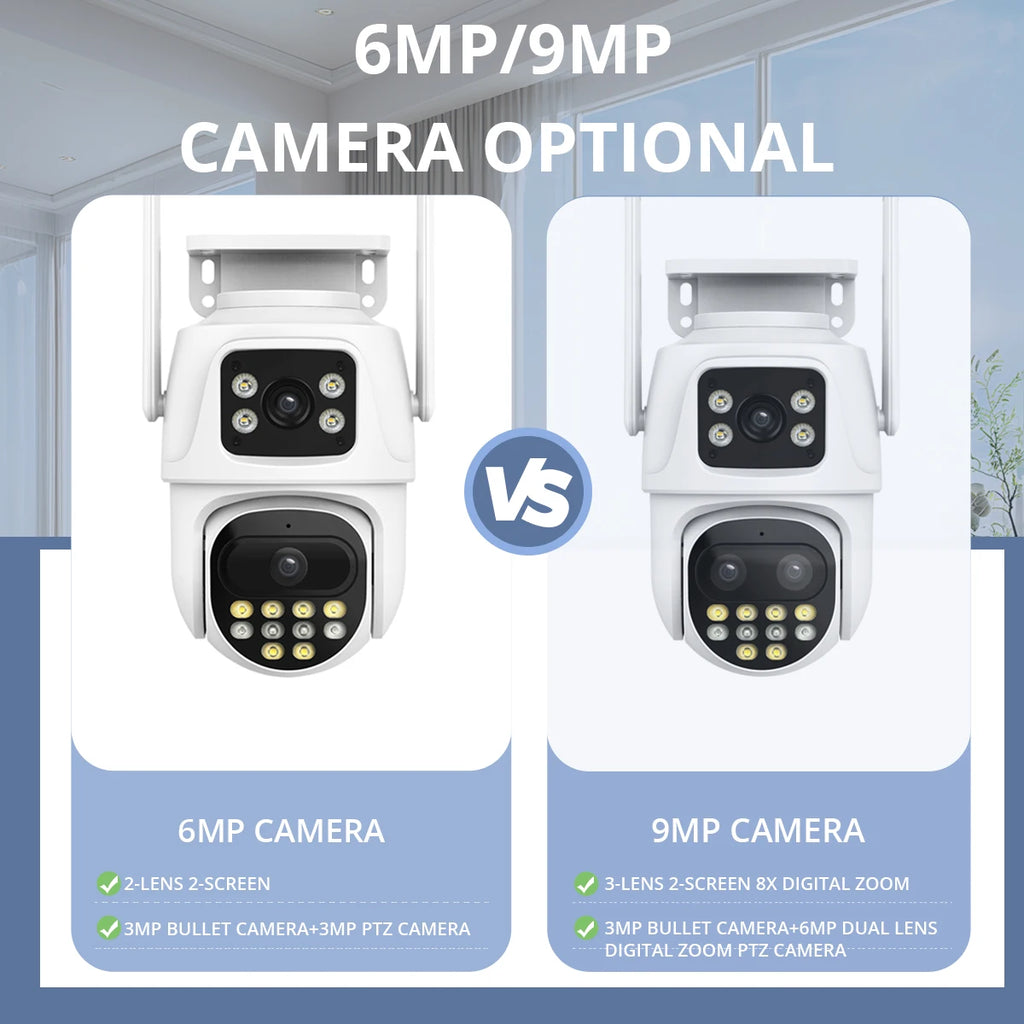9MP WIFI IP Camera Three Lens Dual Screen With 8X Zoom 6MP PTZ Camera Ai Auto Tracking Security Video Surveillance Camera