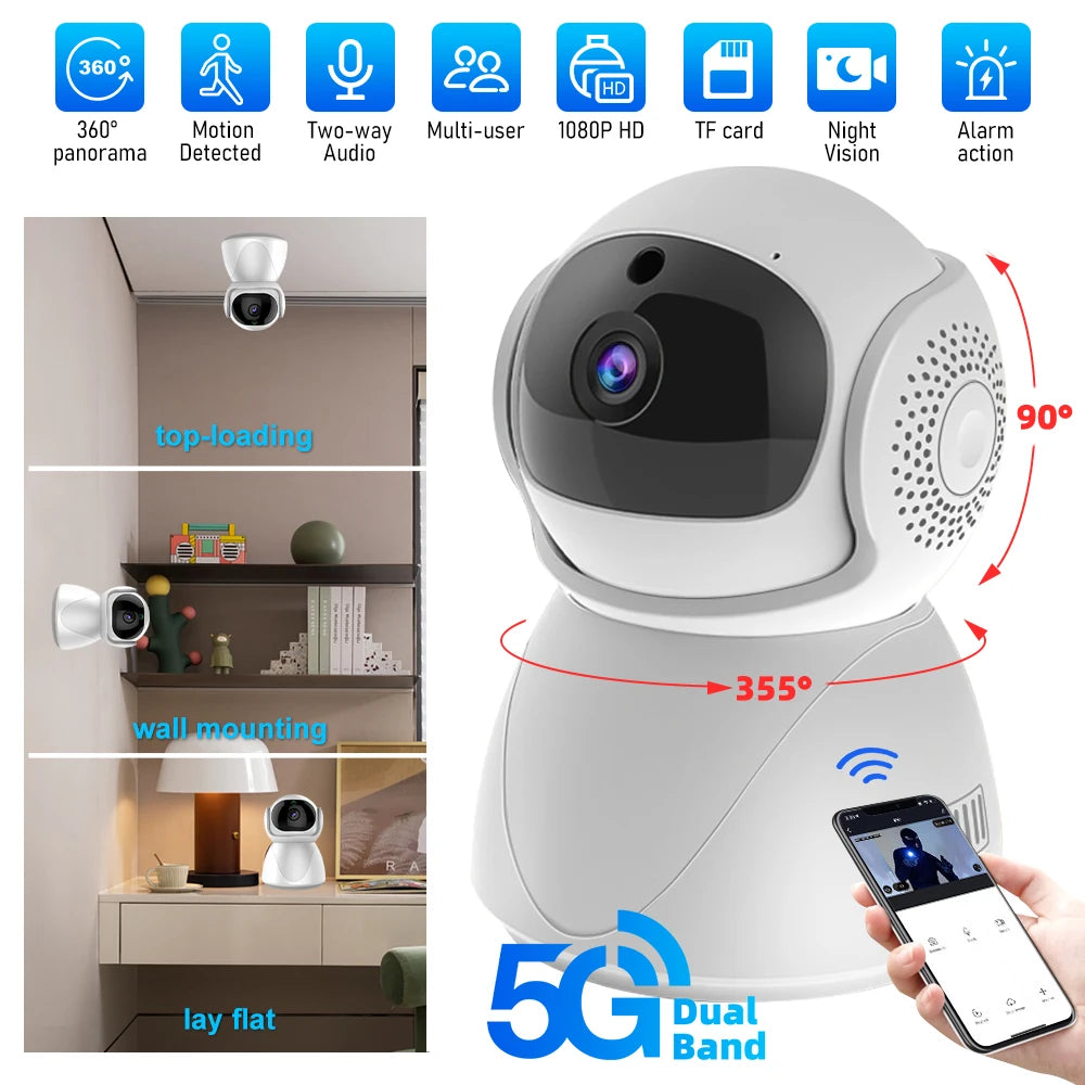 5G Indoor Wifi Camera HD 360° dual-frequency Surveillance Security Camera Night Vision Auto Tracking Baby Monitoring Camera